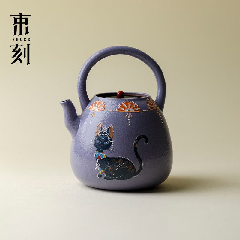 束刻 创意猫咪煮茶壶日式粗陶手绘粉彩电陶炉烧水壶家用高档炭炉