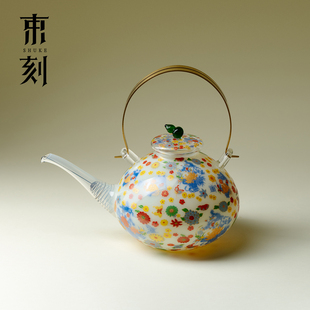 束刻 冰玉繁花铜提梁壶花茶壶高硼硅玻璃电陶炉加热烧水壶泡茶壶