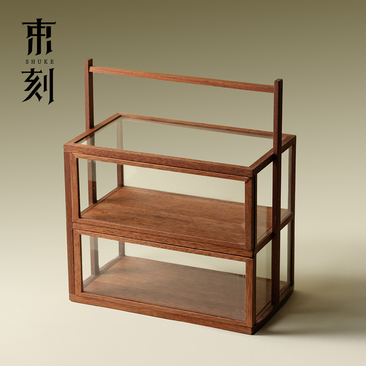 束刻 梨花木双层玻璃茶具置物架陈列展示柜落地架家用桌面收纳架
