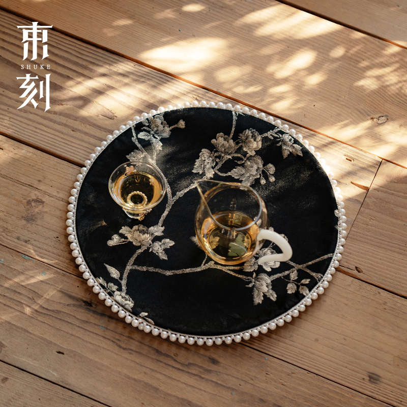 束刻新中式繁花圆形茶席织锦创意珍珠防水干泡席茶艺桌布隔热茶垫
