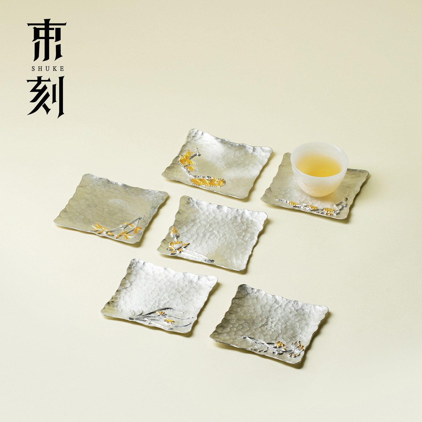束刻高档纯锡制方形防烫杯垫茶杯主人杯杯托手打锻打茶垫茶具配件