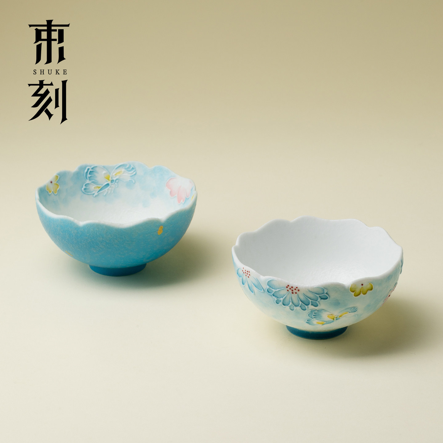 束刻新中式雾凇蓝茶盏对杯精致手绘花屿主人杯清新功夫茶杯品茗杯图片
