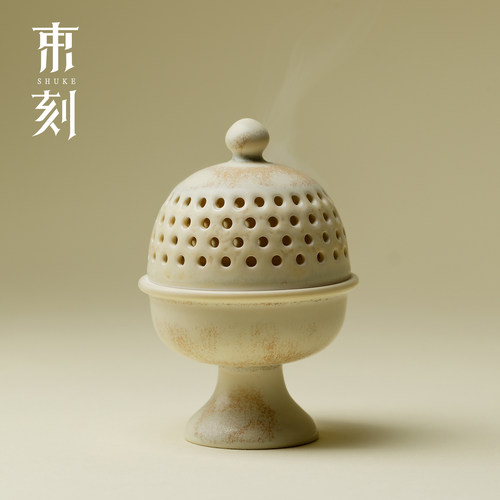 束刻米黄釉窑变博山炉禅意复古陶瓷香薰炉家用室内创意线香炉摆件
