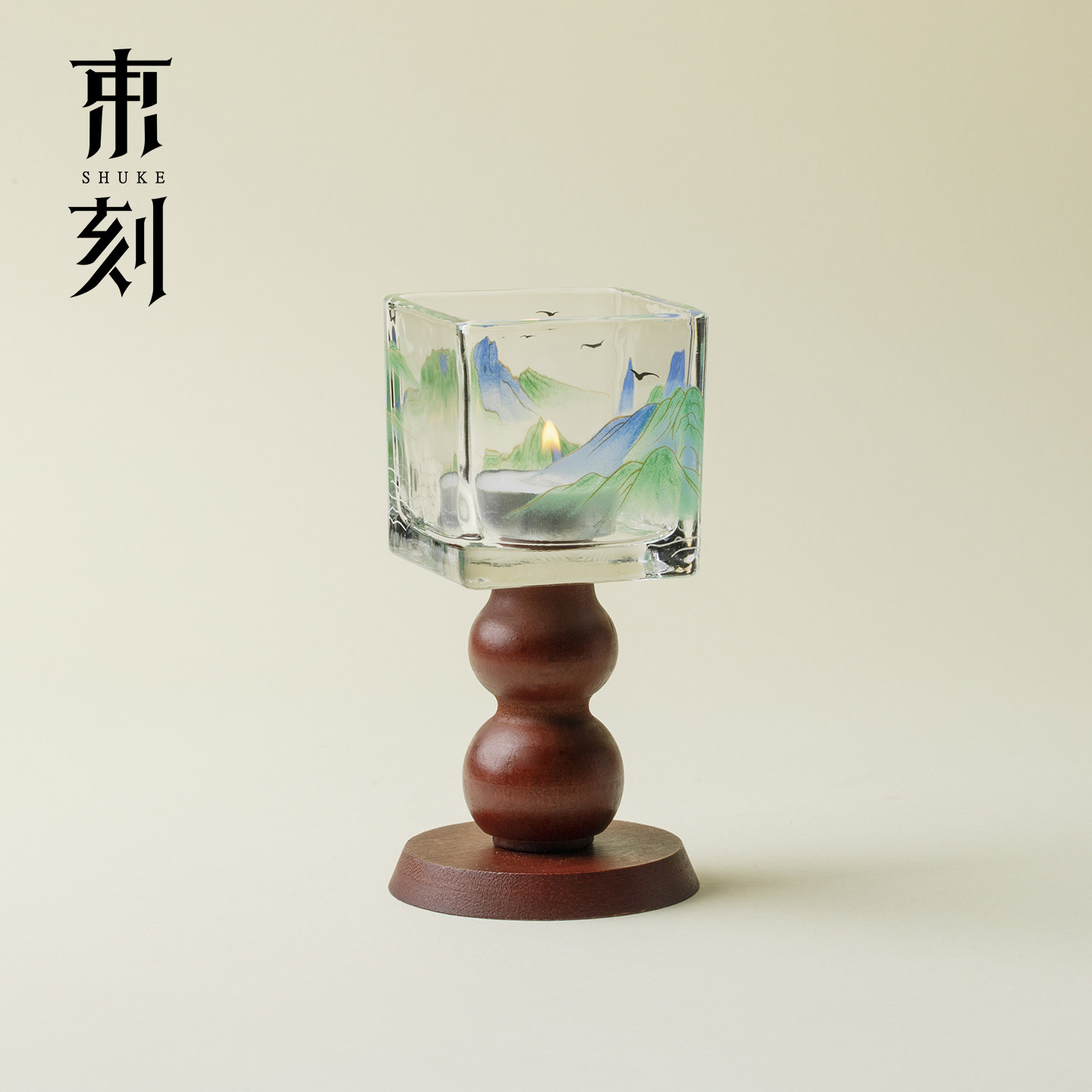束刻千里江山玻璃烛台新中式家用创意氛围灯桌面蜡烛灯装饰摆件图片