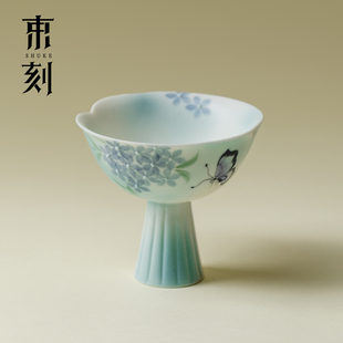 束刻 蝶隐紫阳纯手绘高脚杯陶瓷主人杯轻奢女士个人茶杯喝茶单杯