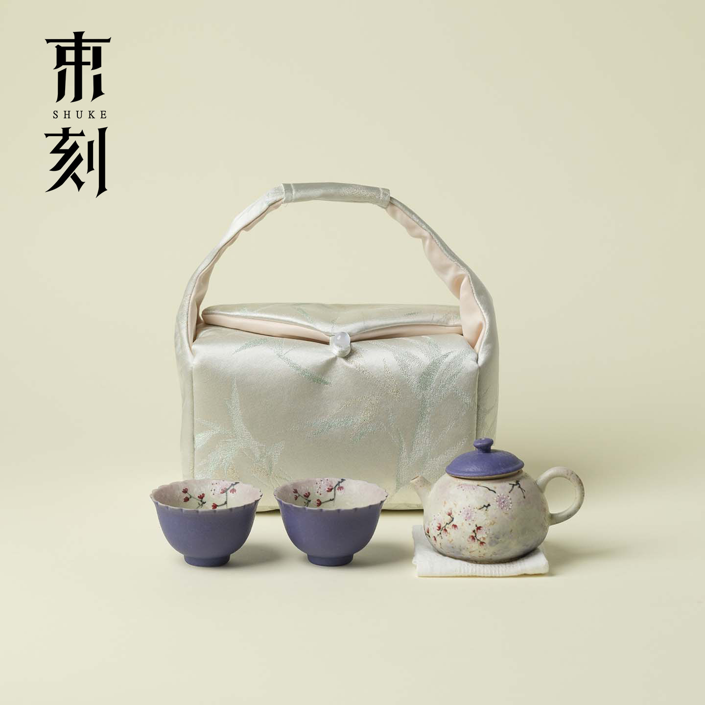 束刻新中式手绘梅花一壶二杯茶事包套装高颜值随身茶具伴手礼送礼