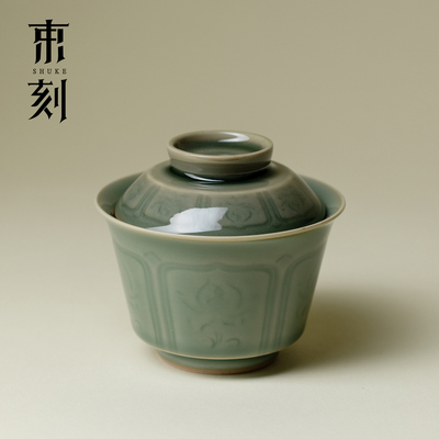 束刻越窑青瓷二才盖碗高档半刀泥手工雕刻泡茶碗禅意功夫茶具单个