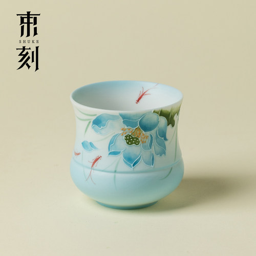 青荷蓝鱼戏荷叶陶瓷主人杯