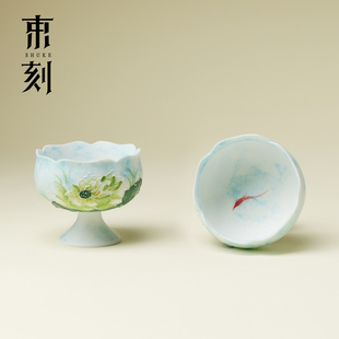 束刻纯手绘莲花映波蓝高足主人杯精致女士功夫茶杯单杯个人专用杯