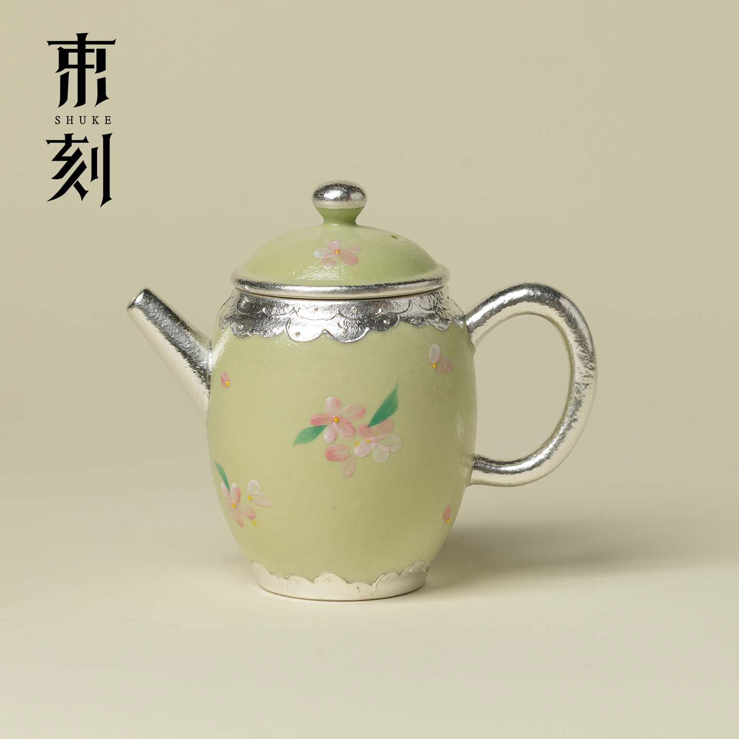 手工鎏银陶瓷小茶壶手绘花间春桃