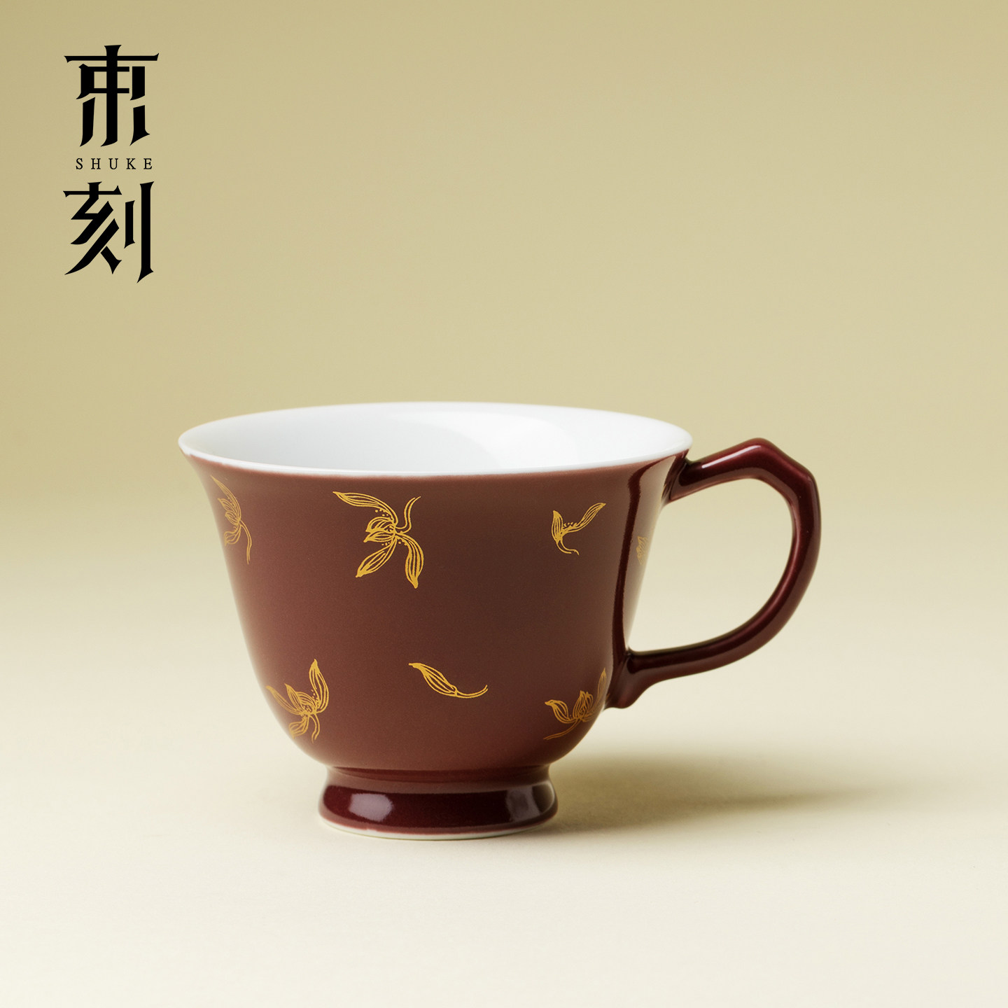 束刻 郎红烫金玉兰花主人杯茶水杯原矿单色釉陶瓷茶杯办公杯水杯