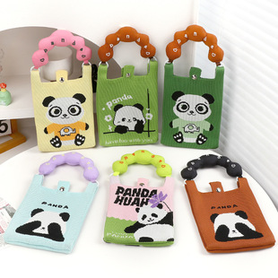 新款 可爱熊猫针织包手机包上班外出杂物斜挎零钱钥匙单肩包手机袋