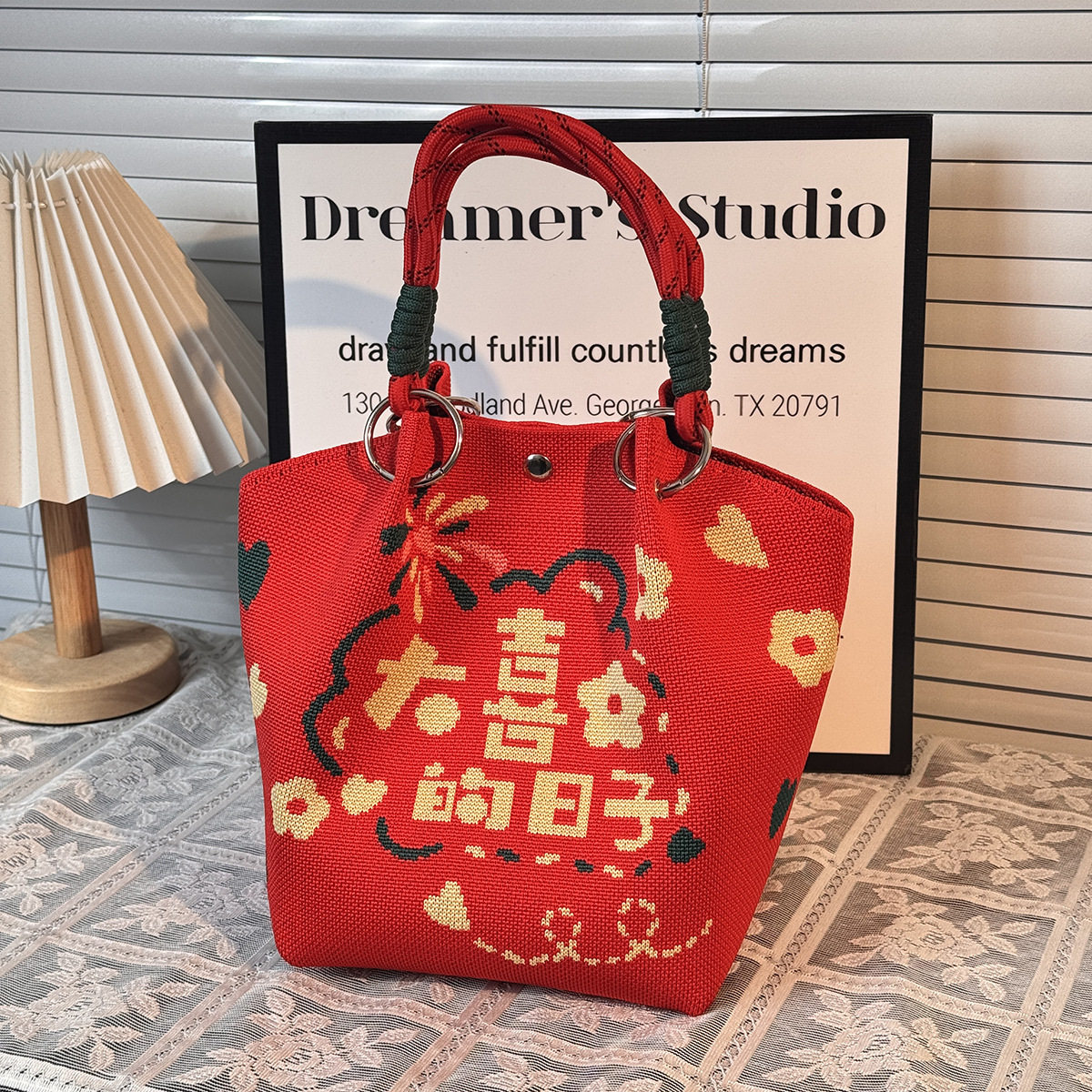 新款针织手提包红色礼品袋婚礼喜庆喜糖袋时尚百搭伴娘包伴手礼袋