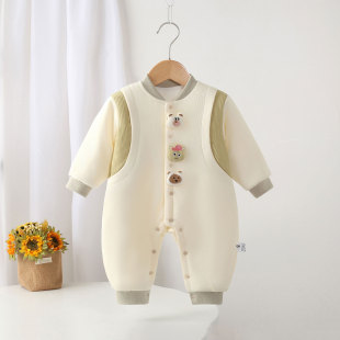 婴幼儿夹棉连体衣秋冬薄棉可爱超萌满月宝宝衣服男春秋加棉抱衣