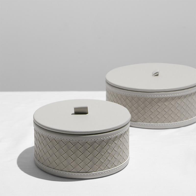 轻奢高档皮革编织首饰收纳罐圆形样板房衣帽间卧室装饰盒饰品盒