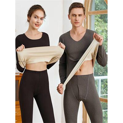 情侣款德绒男女士AB面保暖内衣套装秋衣秋裤圆领加绒加厚紧身弹力