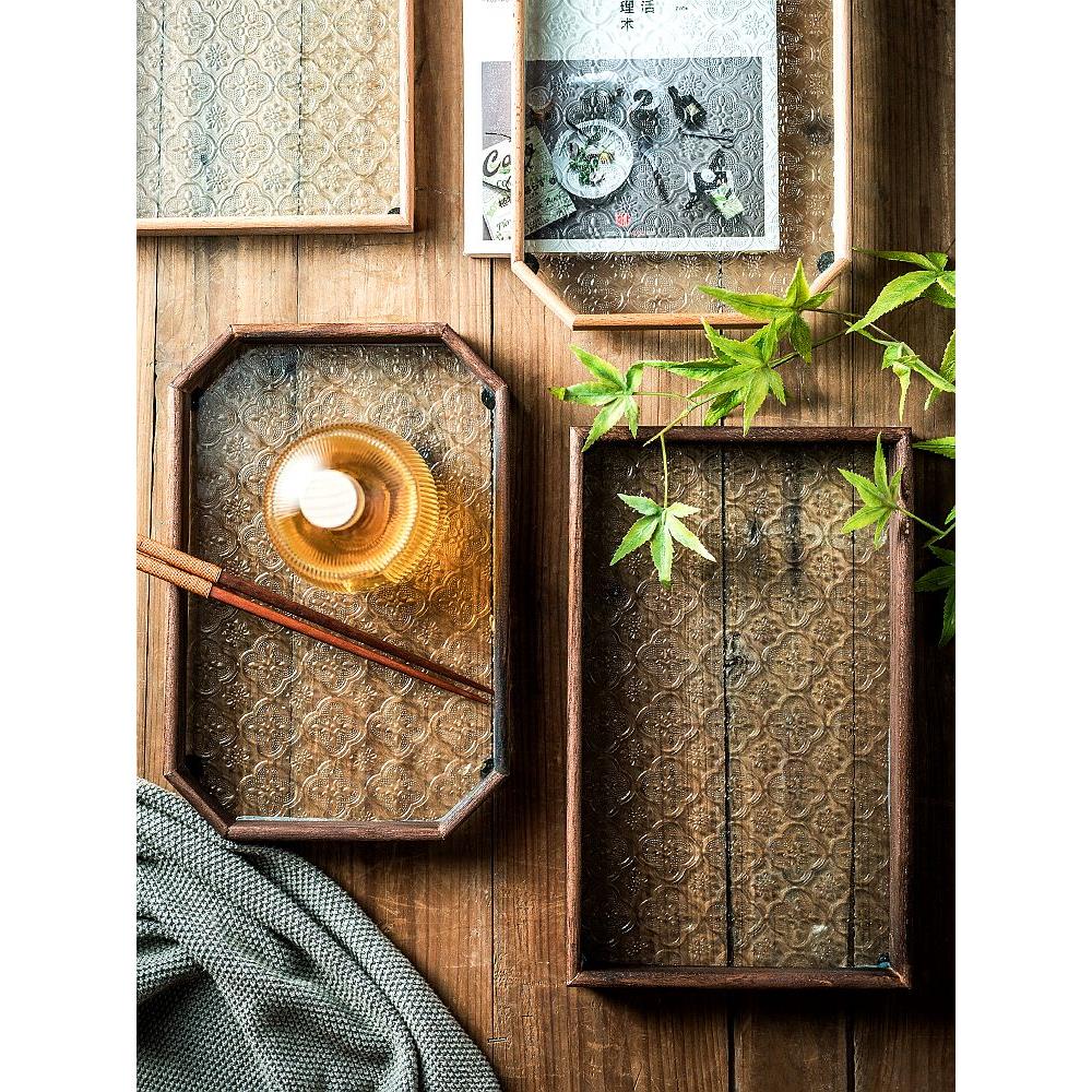 复古实木海棠花玻璃托盘木质杯子放置盘茶盘水果盘日式高级感家用