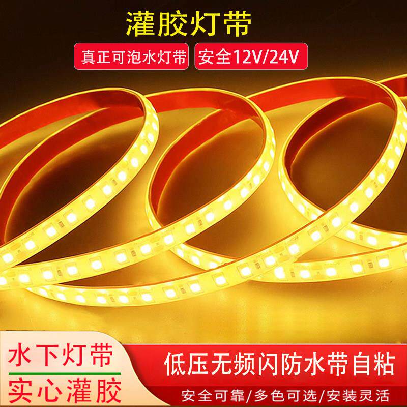 实心灌胶12V防水灯条LED灯带自粘ip68水下泡水户外专用鱼缸水池灯