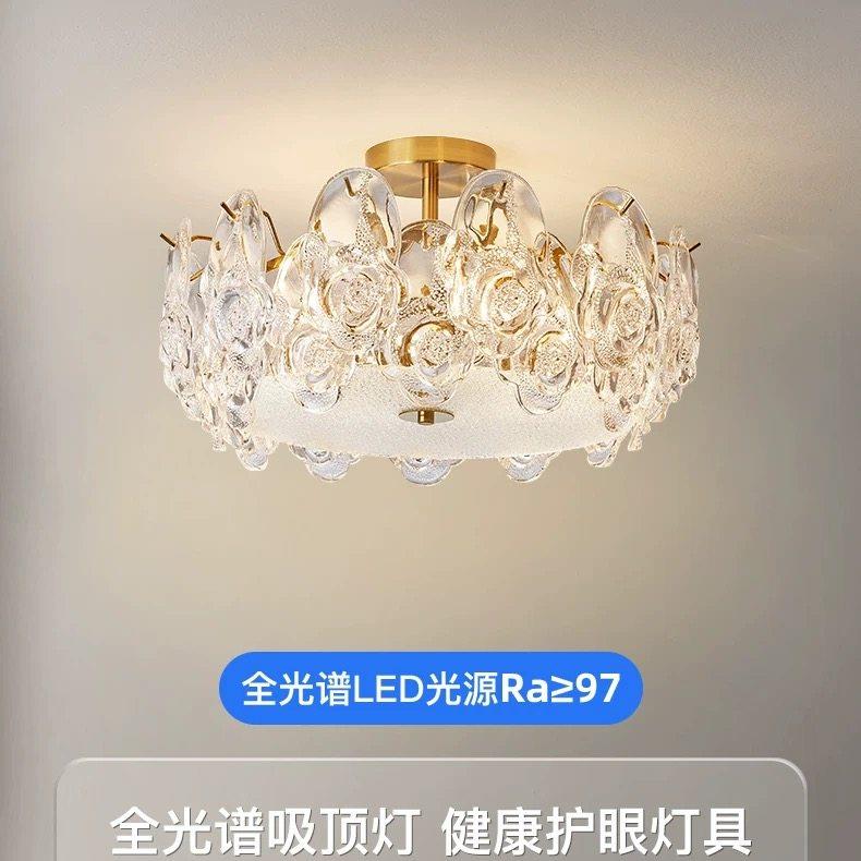 法式轻奢玫瑰花形水晶玻璃吸顶灯卧室客厅饭厅全光谱护眼LED灯具