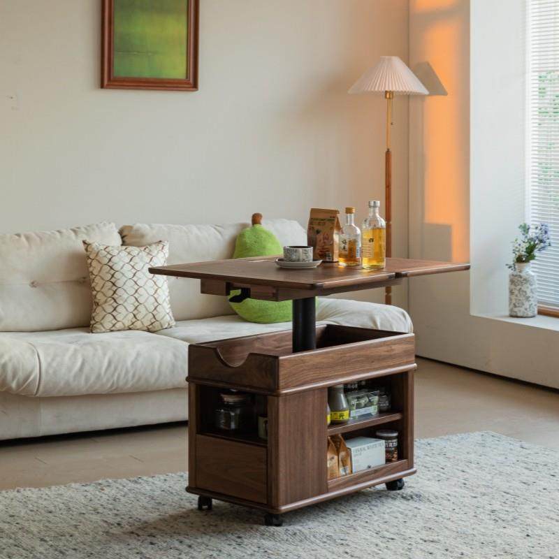 全黑胡桃木移动茶几可升降折叠小户型全实木客厅家用沙发边柜边几