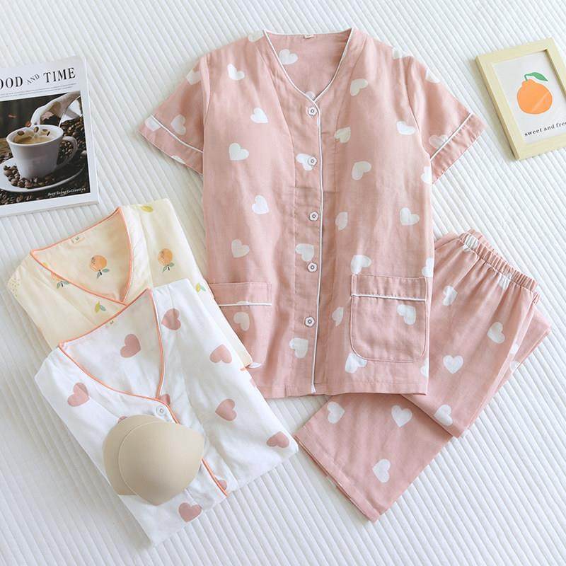 免文胸短袖长裤纯棉麻双层纱布女睡衣套装夏季薄款V领带胸垫半袖,女士内衣/男士内衣/家居服,睡衣/家居服套装,淘宝优惠券,粉丝福利购,淘宝优惠卷
