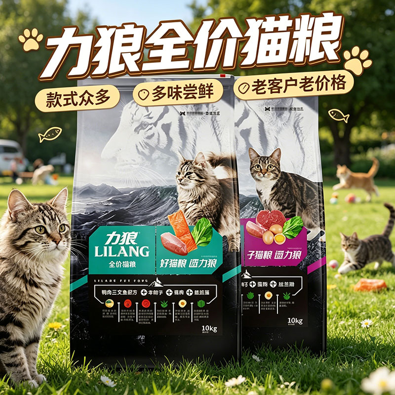 力狼猫粮10kg公斤成猫幼猫英短牛肉味三文鱼味通用型猫粮20斤装