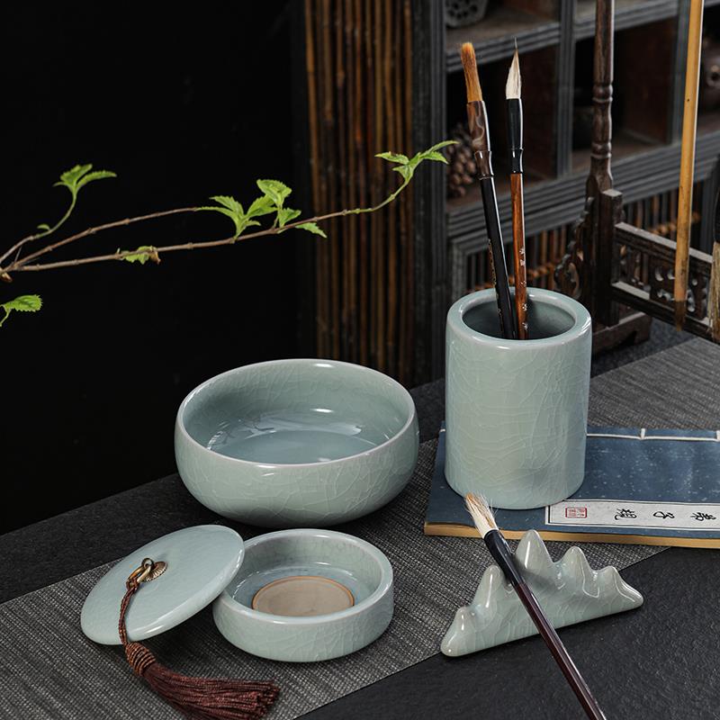 哥窑文房四宝笔洗砚台笔山笔筒四件套书法专用工具用品陶瓷送礼品