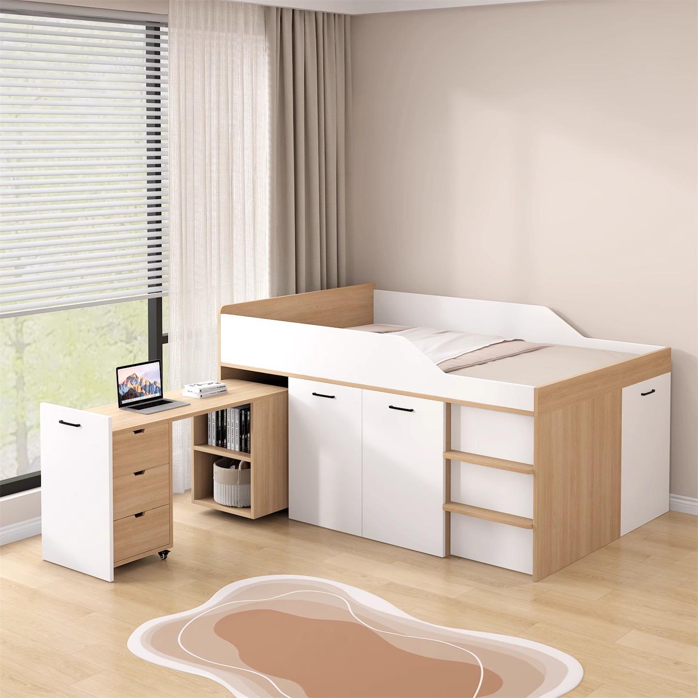 小户型儿童半高床上床下衣柜小卧室书桌一体组合多功能高箱收纳床