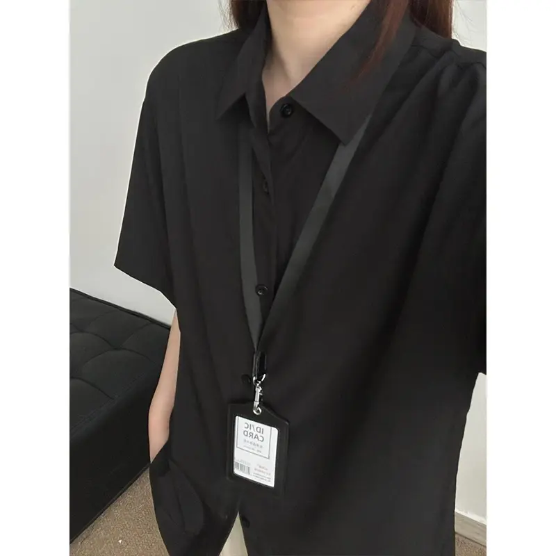 冰丝短袖衬衫男夏季薄款潮流痞帅小众宽松休闲百搭痞帅黑色衬衣BB