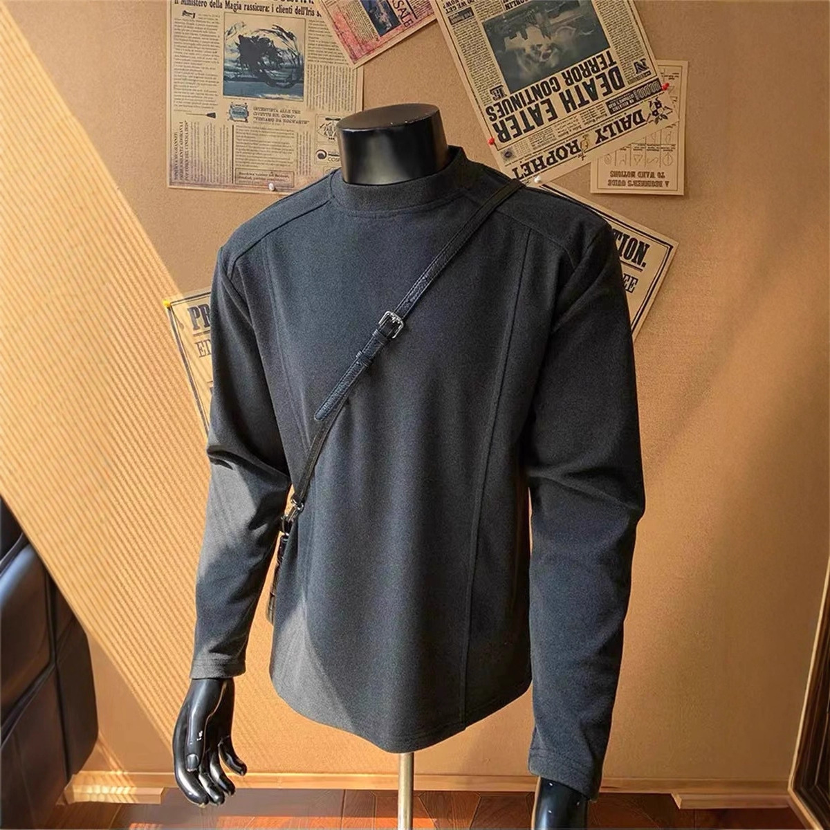 秋冬重磅解构线条德绒打底衫长袖男士秋冬cleanfit保暖内搭卫衣QQ