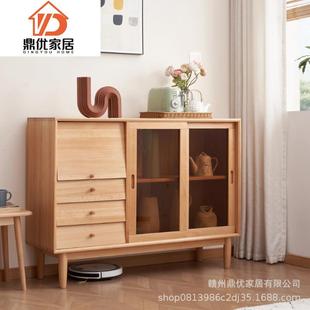 榉木靠墙收纳柜现代简约客厅边柜茶水柜碗筷柜 北欧实木餐边柜日式