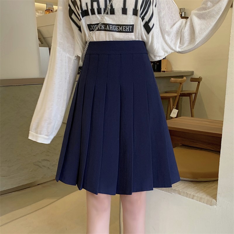 蓝色西装百褶女中长款春夏学院风高腰a字裙遮胯显瘦jk半身裙伞裙