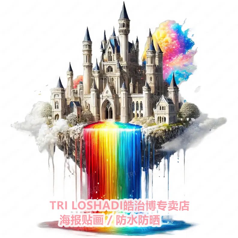 天空之城城堡创意墙贴画儿童房教室床头墙彩虹城堡自贴画防潮遮丑