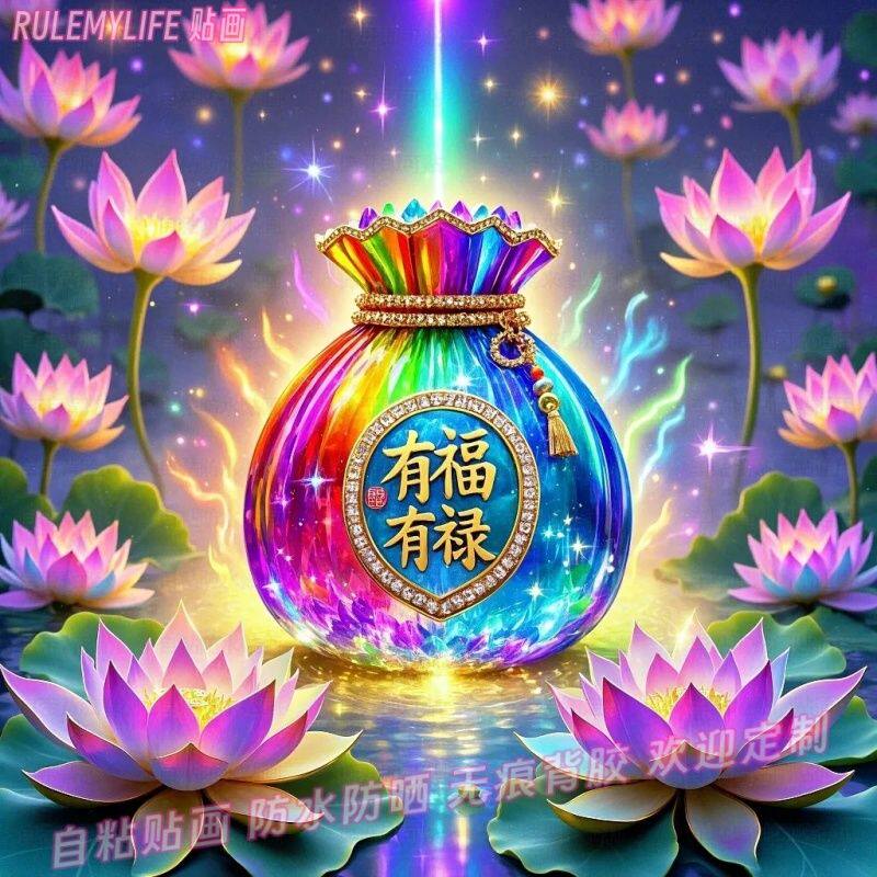 福袋七彩莲花新年贴纸门贴福运满堂喜庆年画墙贴画春节自粘装饰画