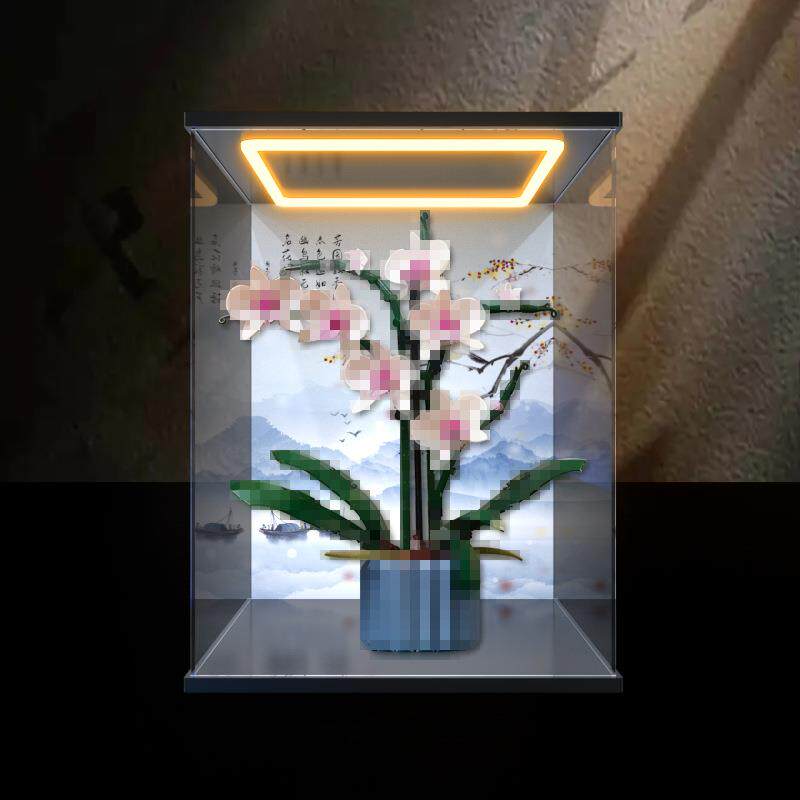适用积木10311兰花创意系列花卉绿色植物模型回灯款亚克力收纳盒
