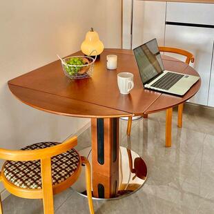 中古风可折叠圆形餐桌家用小户型方圆两用桌不锈钢实木岩板饭桌