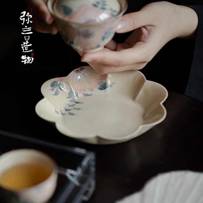 弥言粉引釉下彩纯手绘牡丹花陶瓷壶承手工花边干泡台茶道配件茶台