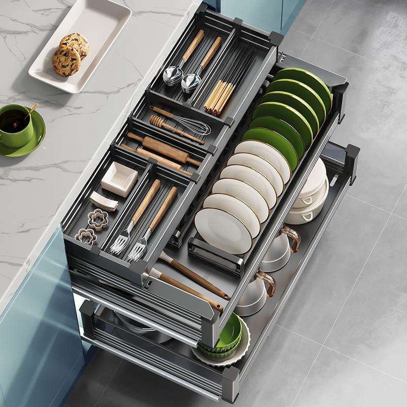 尔沫拉篮厨房橱柜不锈钢阻尼双层抽屉式碗架收纳调味内置橱柜碗篮