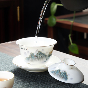 羊脂玉描金功夫泡茶壶茶杯盖碗家用办公室会客厅白瓷茶具 中式