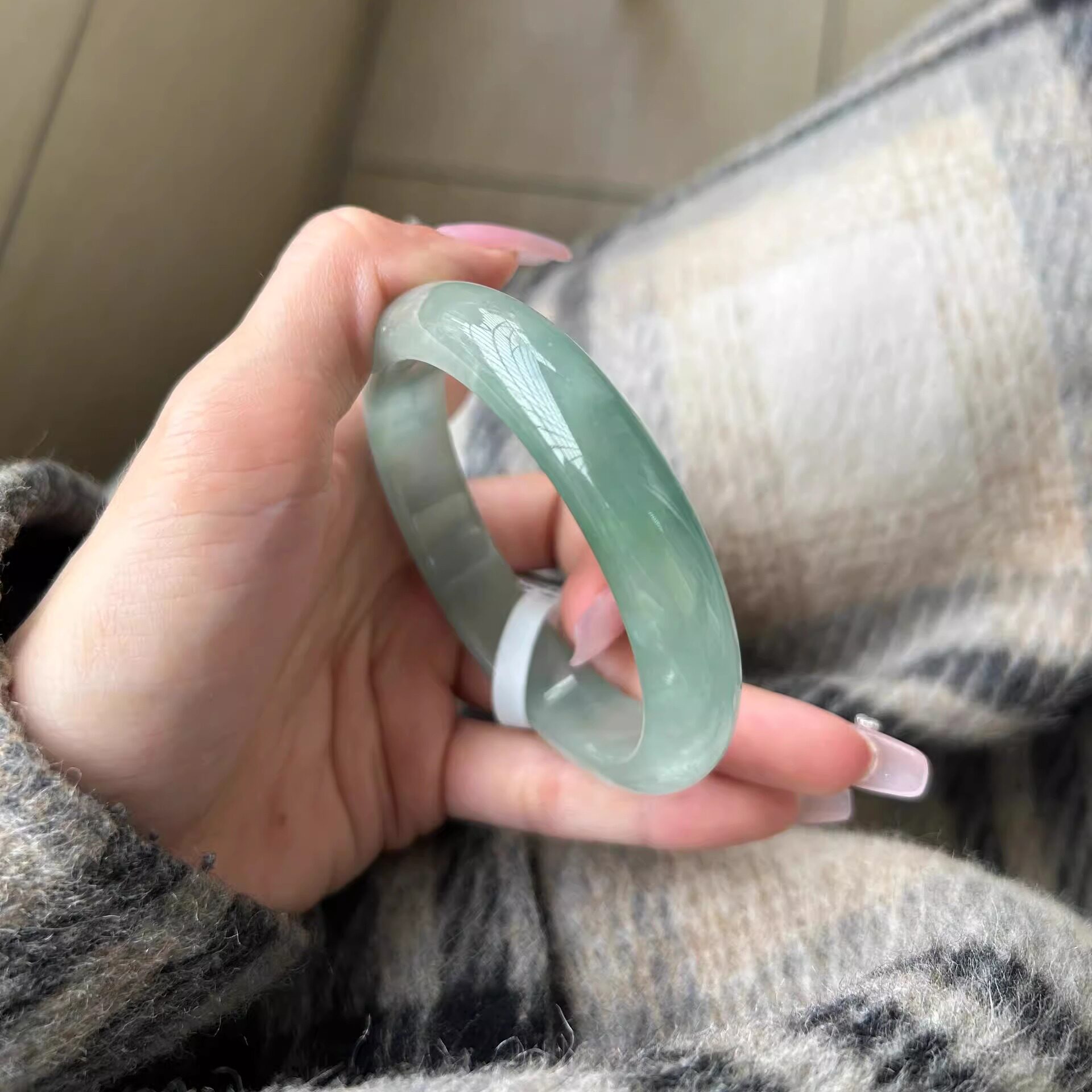 玉长情【青绿系列】冰种缅甸翡翠玉手镯子浅绿油青飘花冰透真玉镯