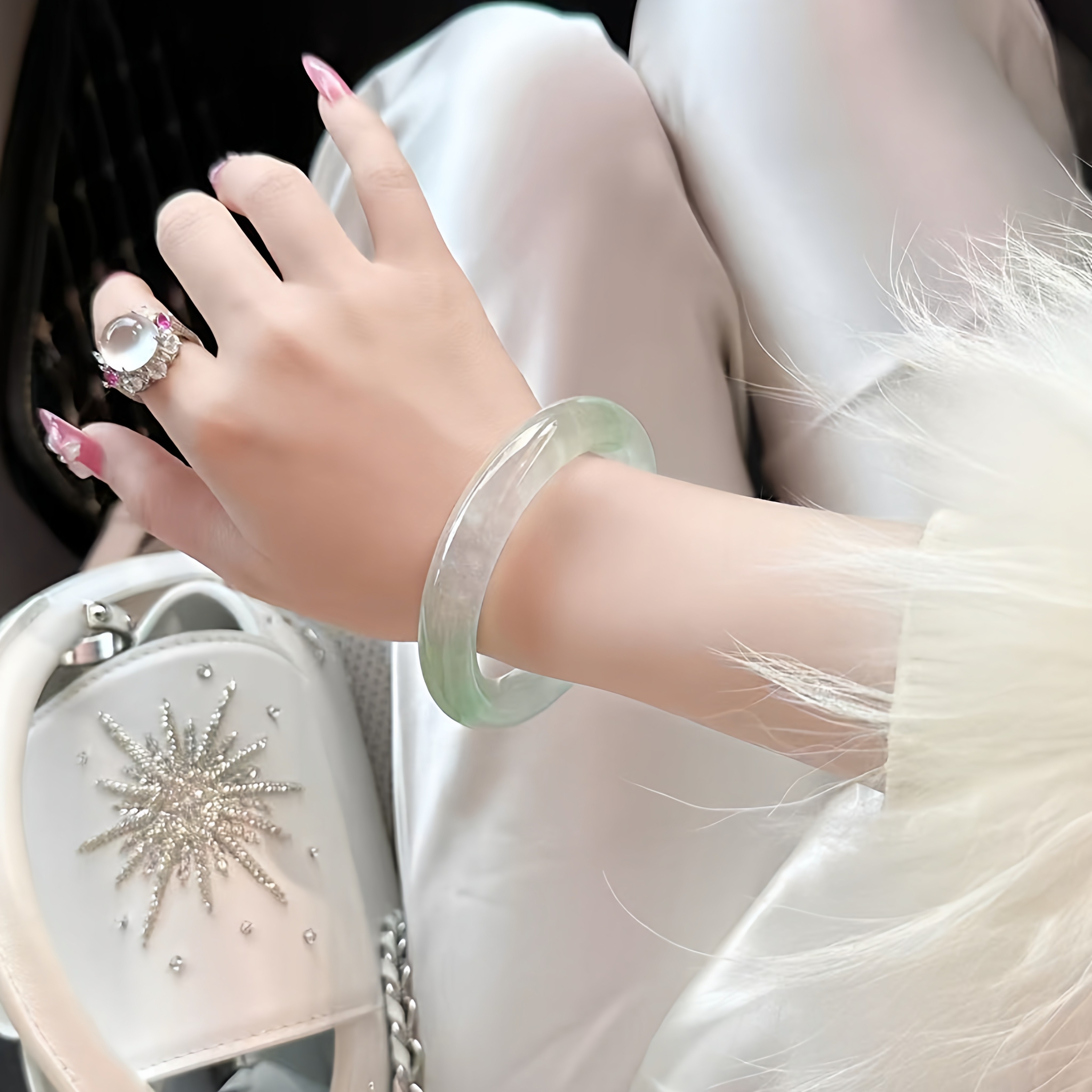 玉长情【百花系列】高冰种翡翠手镯飘花真玉手镯缅甸女款正圈处理