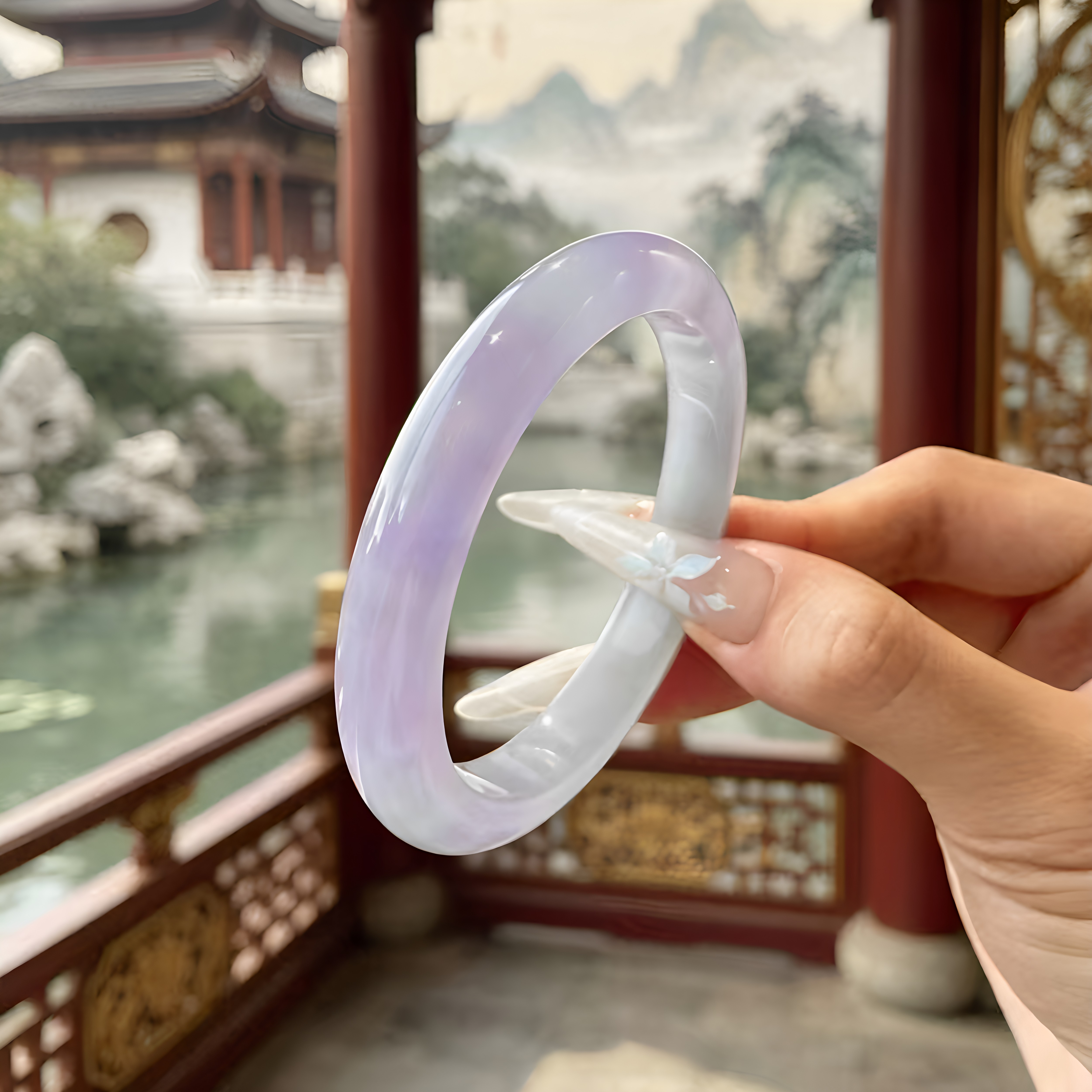 玉长情【如诗系列】冰种紫罗兰翡翠玉手镯子贵妃镯飘花真玉石处理