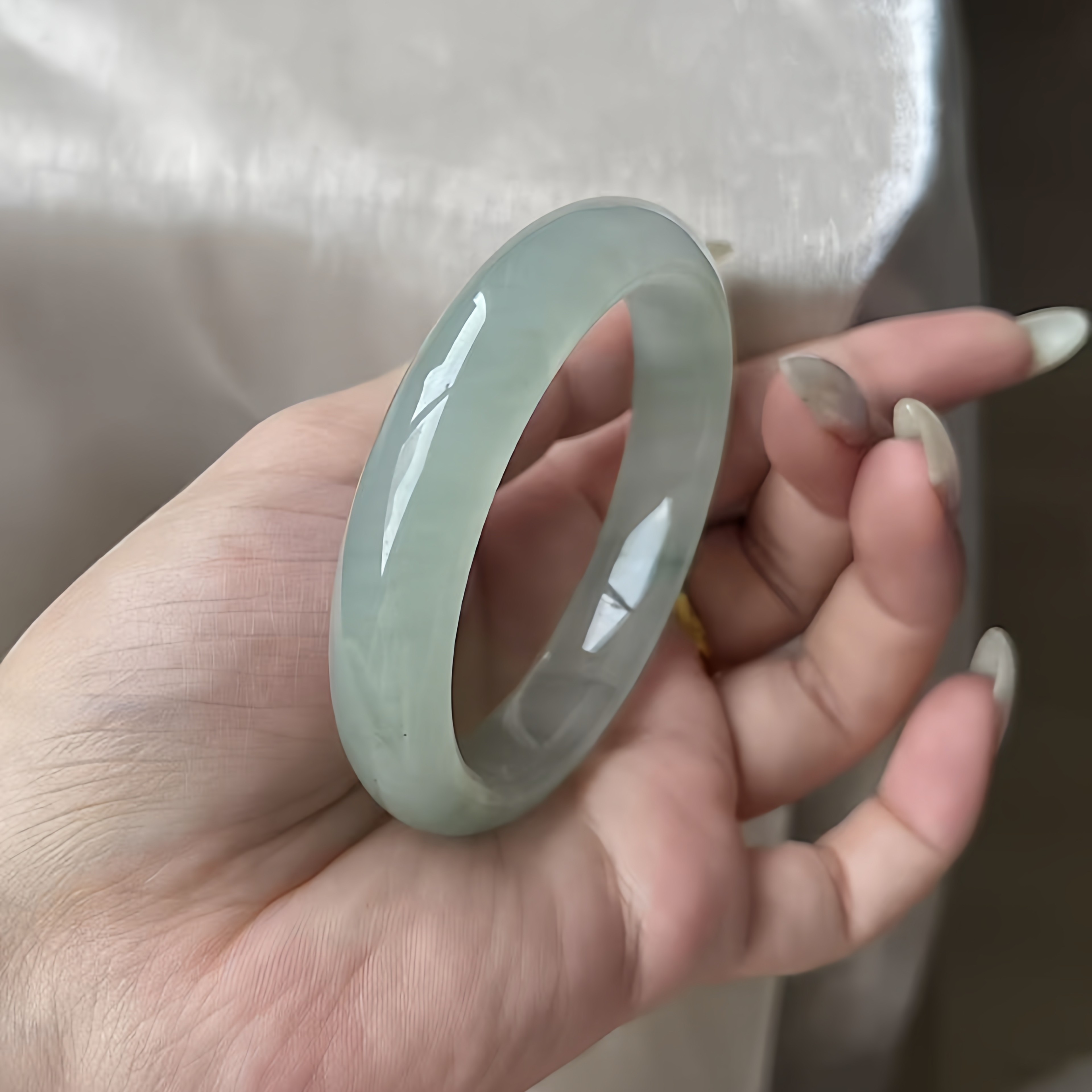 玉长情【青绿系列】缅甸翡翠手镯高冰种浅青玉手镯平安镯女款处理