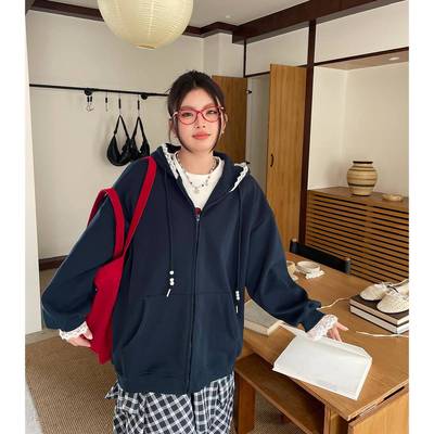 2025春季新款女装连帽卫衣韩系慵懒风大码胖mm超好看拼接蕾丝外套