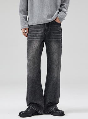 SANDY 美式炒灰黑牛闪电牛仔裤男直筒宽松517潮牌百搭长裤子