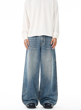 SANDY 美式冰蓝水洗多口袋牛仔裤男宽松cleanfit直筒个性百搭长裤