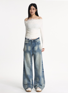 美式高街vibe复古水洗做旧牛仔裤男潮直筒微喇显瘦cleanfit长裤子