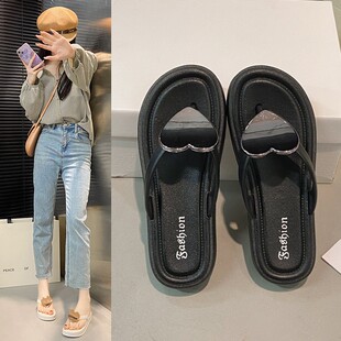 外穿夹脚夹板鞋 厚底人字拖鞋 夏季 少女生时尚 女士桃心型户外沙滩鞋