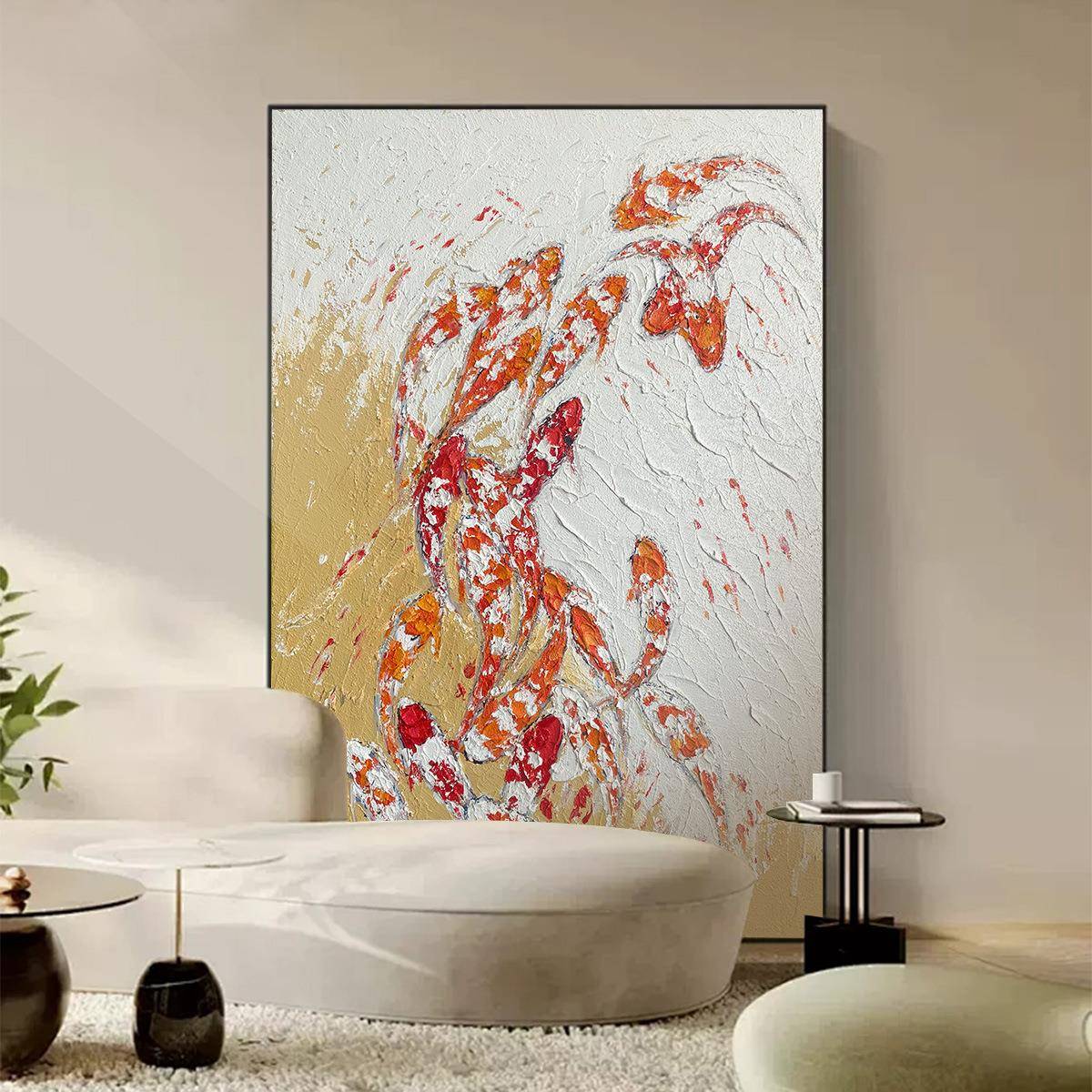手绘油画砂岩肌YAY理纯立体红锦色装饰挂画厅鲤鱼画玄关鲤新中式图片