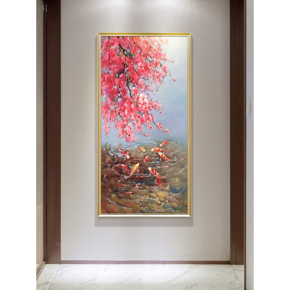 新中式鱼图油画纯手绘玄关装饰画入户过道走廊尽头挂画现代壁画图片